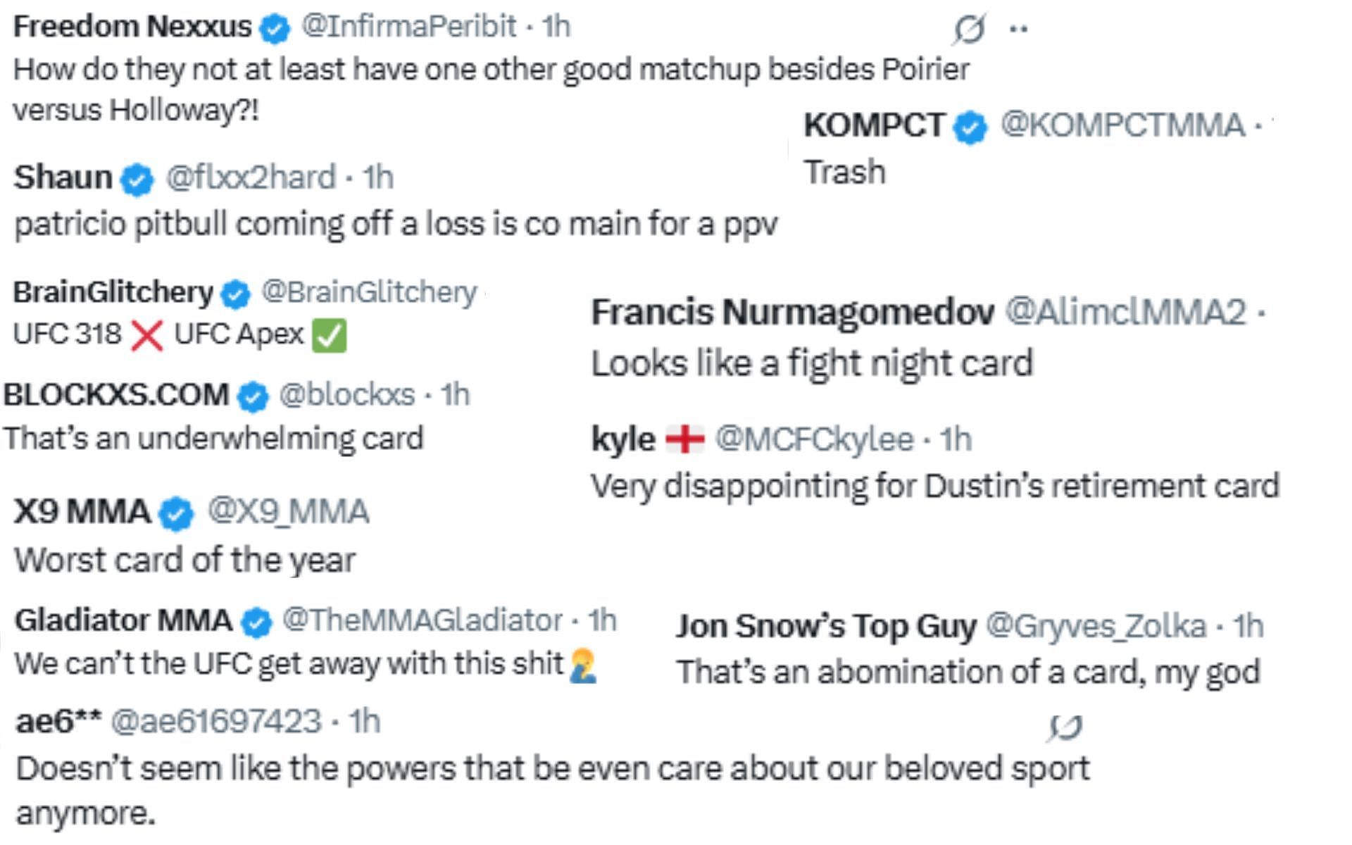 Screenshot of fan reactions to Dustin Poirier vs. Max Holloway main card